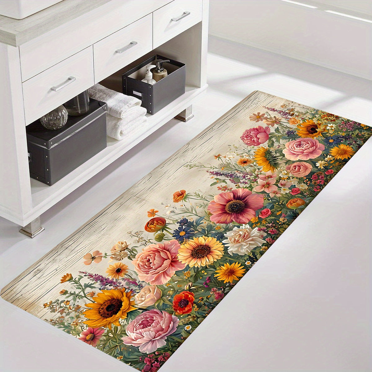 1pc Vibrant Floral Non-Slip Kitchen Mat made of ultra-soft polyester with anti-slip backing. Machine washable, lightweight, and suitable for kitchen, living room, bedroom, and entryway.