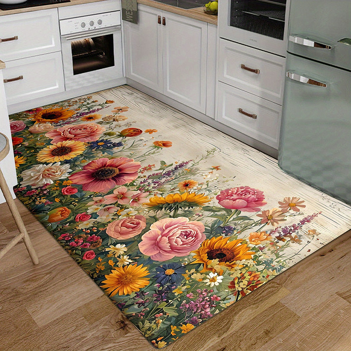 1pc Vibrant Floral Non-Slip Kitchen Mat made of ultra-soft polyester with anti-slip backing. Machine washable, lightweight, and suitable for kitchen, living room, bedroom, and entryway.