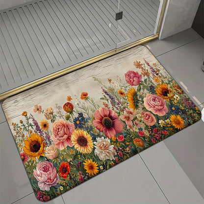 1pc Vibrant Floral Non-Slip Kitchen Mat made of ultra-soft polyester with anti-slip backing. Machine washable, lightweight, and suitable for kitchen, living room, bedroom, and entryway.