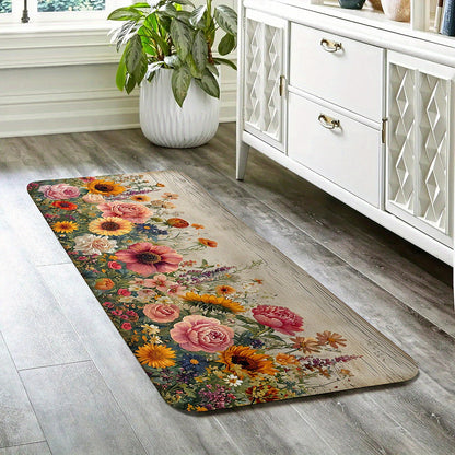 1pc Vibrant Floral Non-Slip Kitchen Mat made of ultra-soft polyester with anti-slip backing. Machine washable, lightweight, and suitable for kitchen, living room, bedroom, and entryway.