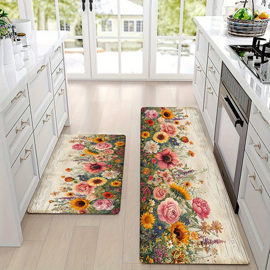 1pc Vibrant Floral Non-Slip Kitchen Mat made of ultra-soft polyester with anti-slip backing. Machine washable, lightweight, and suitable for kitchen, living room, bedroom, and entryway.