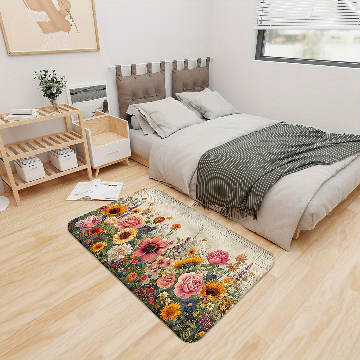 1pc Vibrant Floral Non-Slip Kitchen Mat made of ultra-soft polyester with anti-slip backing. Machine washable, lightweight, and suitable for kitchen, living room, bedroom, and entryway.