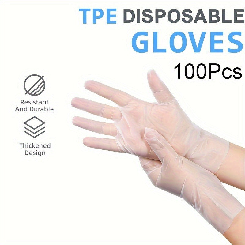 Pack of 100 Waterproof TPE Disposable Gloves - Clear, Non-Toxic, Durable, Rip-Resistant, Ideal for Kitchen, Bathroom, Cleaning, Food Handling, Automotive & Painting Tasks