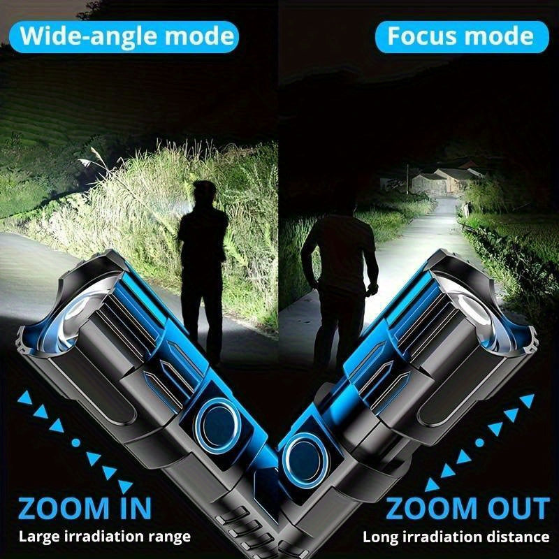 LED Flashlight with long-range illumination, retractable design, USB rechargeable, suitable for camping and hiking, has hidden USB charging port.