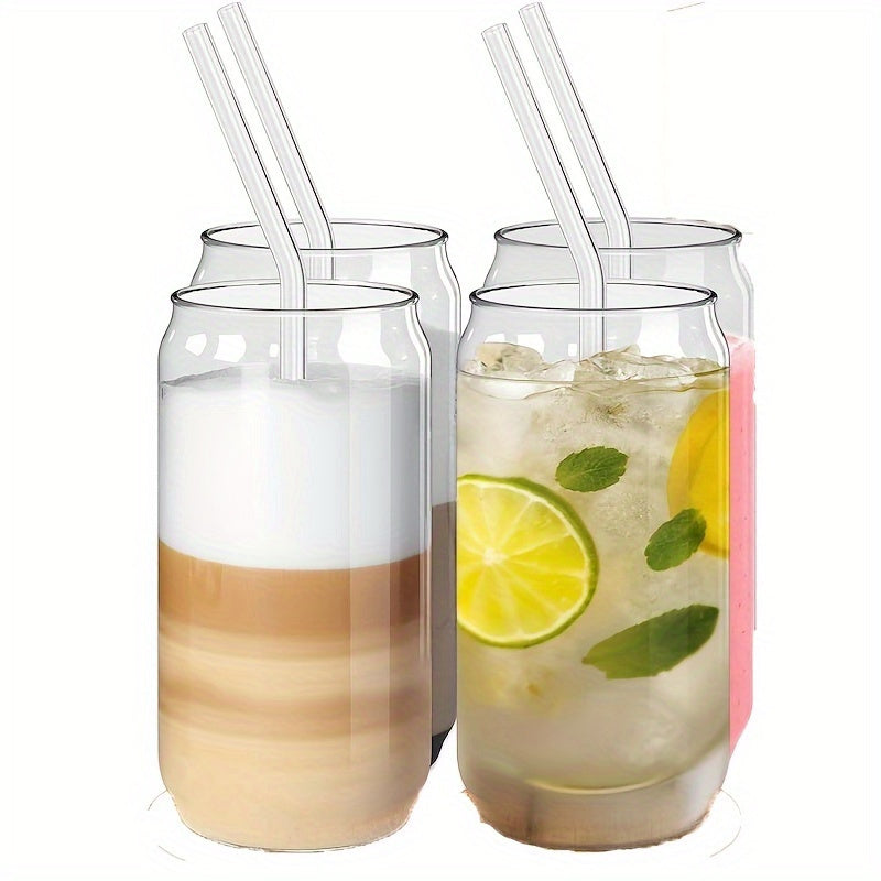 Borosilicate glass cups with lids and straws in 11.83oz, 15.22oz, and 18.6oz sizes for iced coffee, beer, and tea.