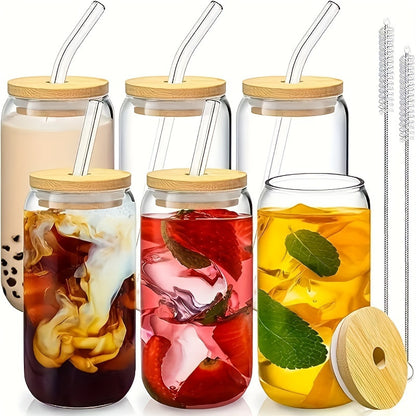 Borosilicate glass cups with lids and straws in 11.83oz, 15.22oz, and 18.6oz sizes for iced coffee, beer, and tea.