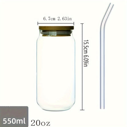 Borosilicate glass cups with lids and straws in 11.83oz, 15.22oz, and 18.6oz sizes for iced coffee, beer, and tea.