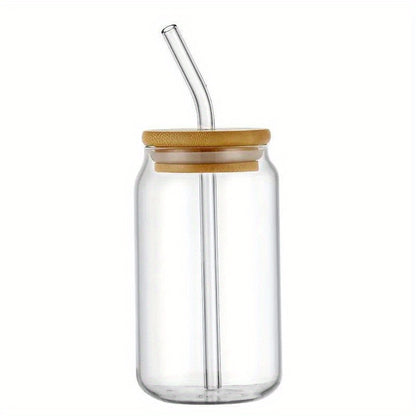 Borosilicate glass cups with lids and straws in 11.83oz, 15.22oz, and 18.6oz sizes for iced coffee, beer, and tea.