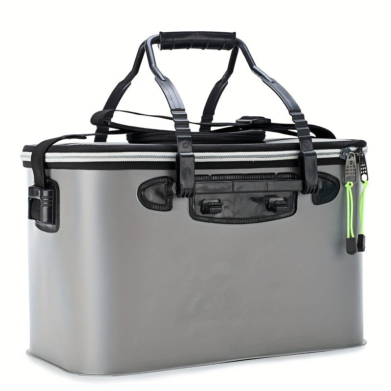 Compact EVA fishing gear bag with collapsible live fish bucket and tackle storage, waterproof and zip closure for camping.