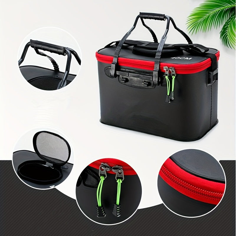 Compact EVA fishing gear bag with collapsible live fish bucket and tackle storage, waterproof and zip closure for camping.