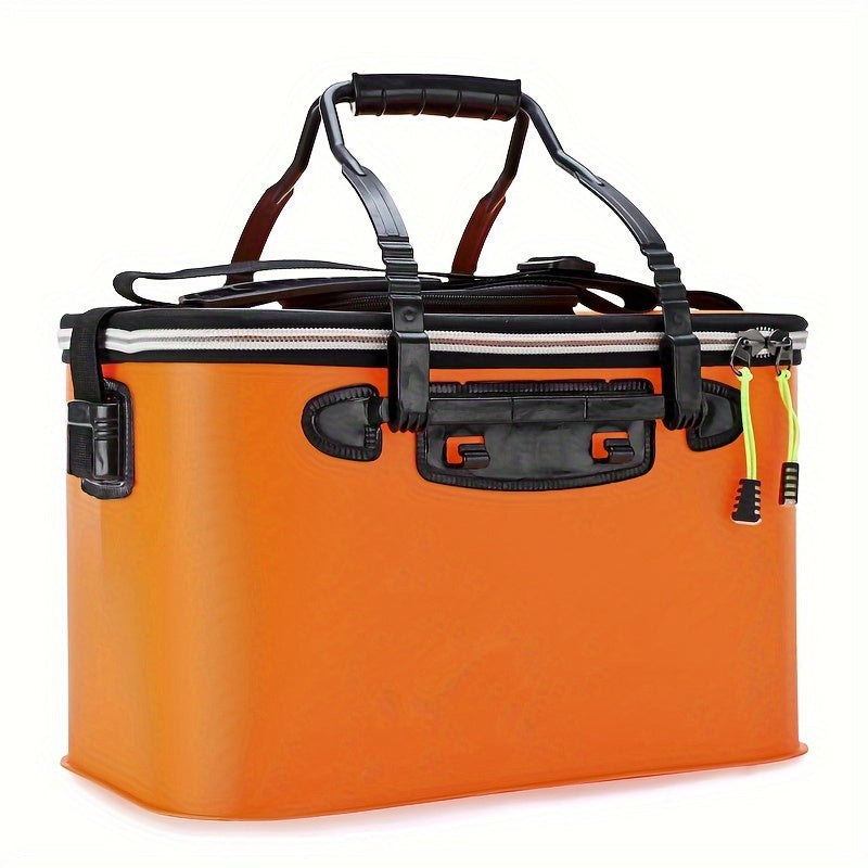 Compact EVA fishing gear bag with collapsible live fish bucket and tackle storage, waterproof and zip closure for camping.