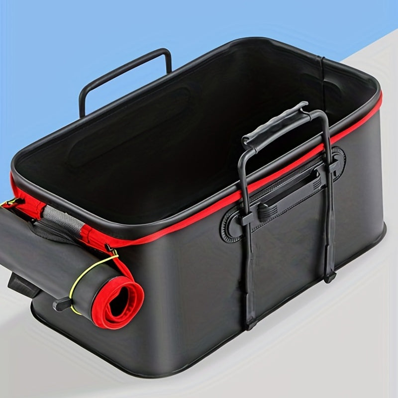 Compact EVA fishing gear bag with collapsible live fish bucket and tackle storage, waterproof and zip closure for camping.