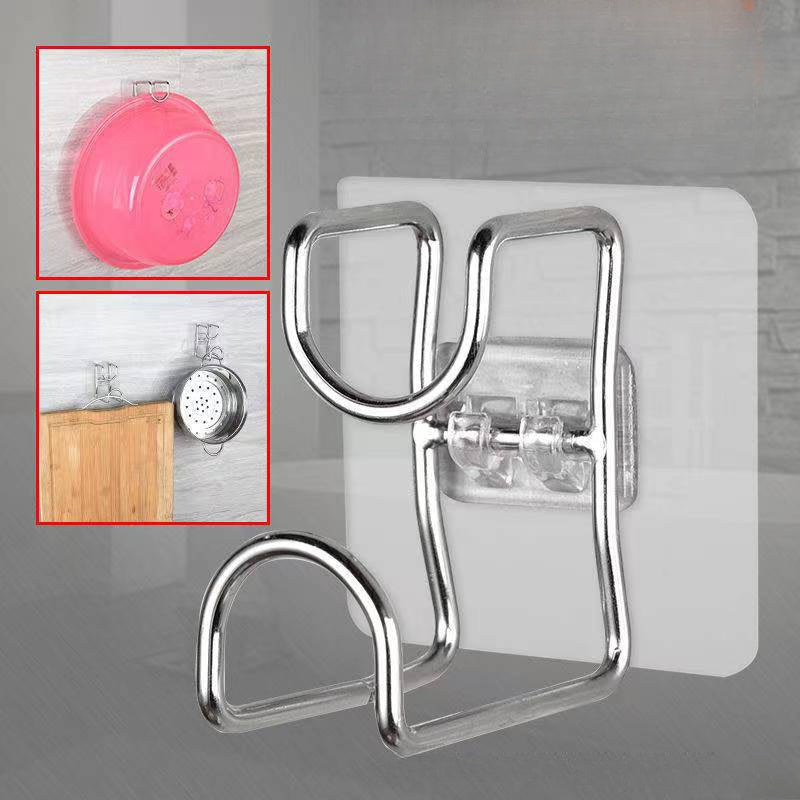 Wall-mounted stainless steel basin hook for bathroom and kitchen storage, with non-pierced frame and utility hooks.