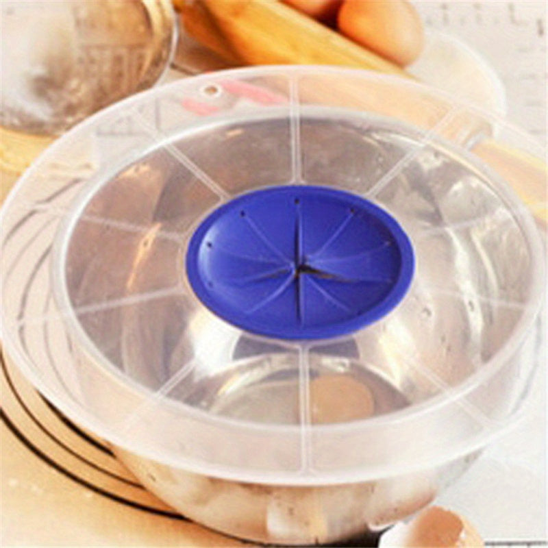 One-piece Silicone Round Splatter Guard with Center Opening, suitable for hand washing only. Food contact safe and ideal for bakers as an egg beater and milk cream splash shield.