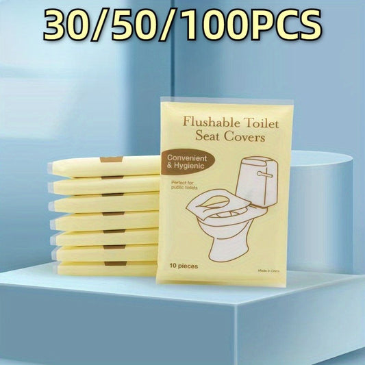 Flushable toilet seat covers in 30/50/100pcs, ideal for public restrooms, airplanes, camping, and perfect for potty training and travel.