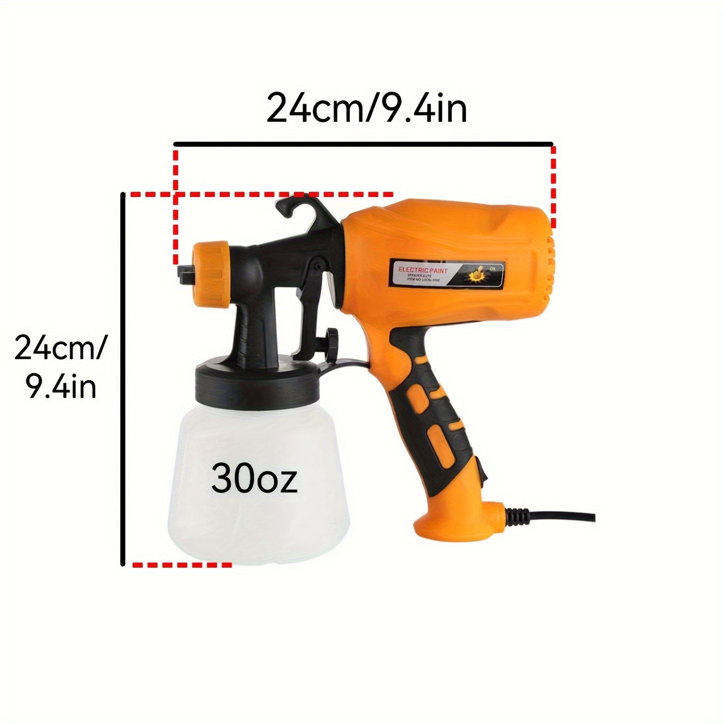 30oz HVLP Electric Spray Gun with 3 Spray Patterns, European Standard Plug, for Home & Professional Use on various surfaces, Orange & Black Design