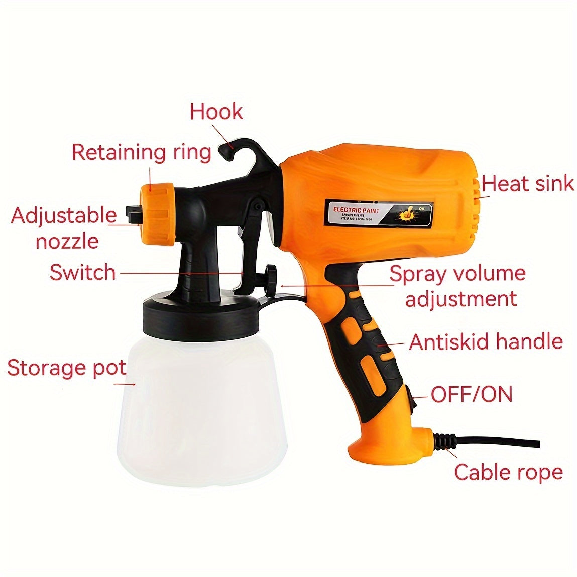 30oz HVLP Electric Spray Gun with 3 Spray Patterns, European Standard Plug, for Home & Professional Use on various surfaces, Orange & Black Design