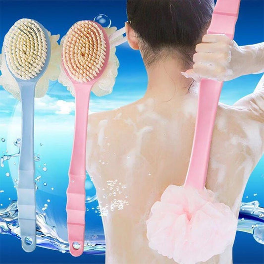 Dual-headed bath brush with soft loofah for back scrubbing, oil-free and battery-free.