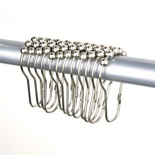 12 Stainless Steel Rollerball Hooks for Bath & Shower Curtains, Durable and Easy Glide Home and Bathroom Hangers