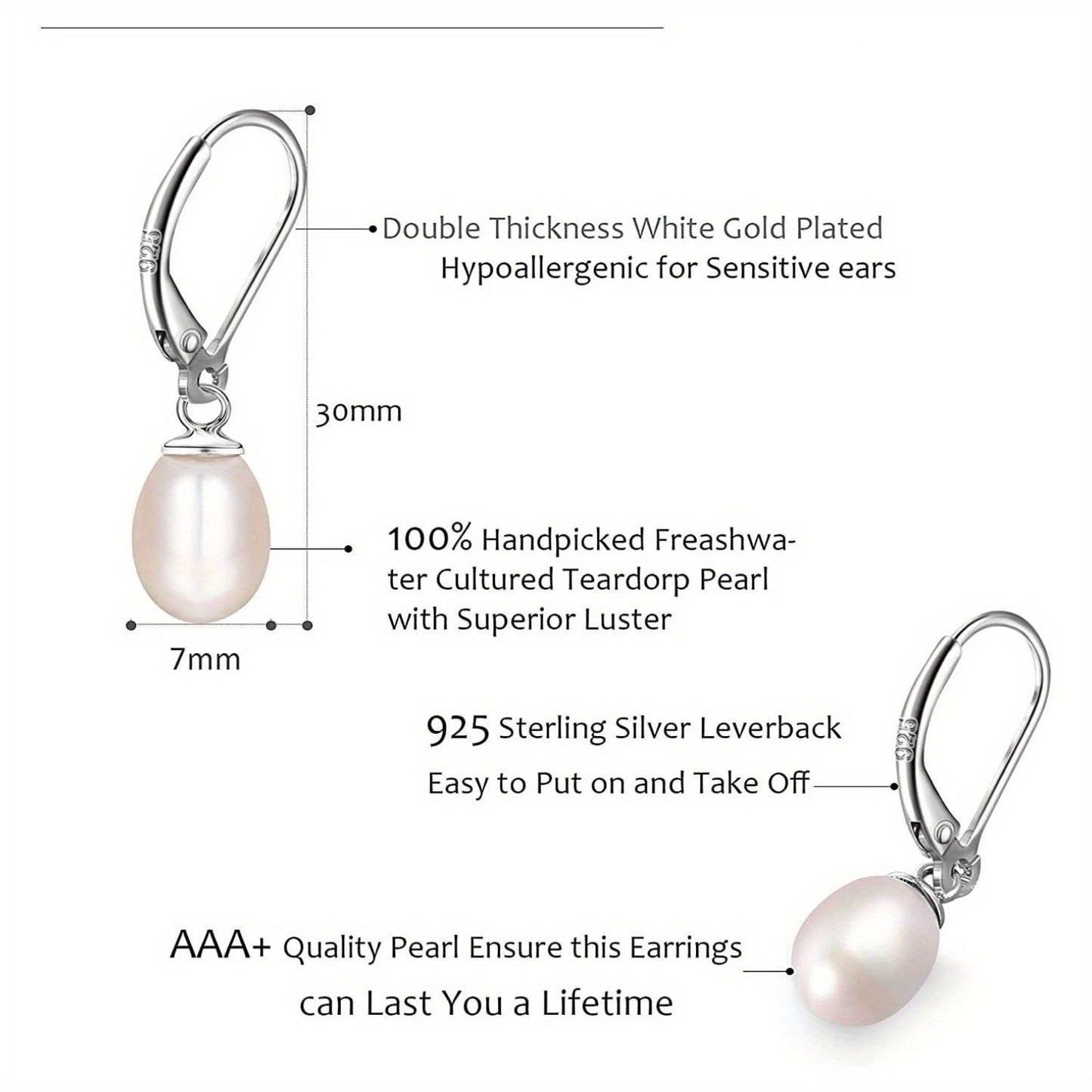 Valentine's Day Gift - Beautiful French-Inspired 925 Sterling Silver Leverback Dangle Pearl Earrings Set, 2 Pairs of AAA+ Freshwater Cultured Pearls, Platinum Plated for Summer Events and Formal Occasions, Lightweight at 5g/0.17oz.