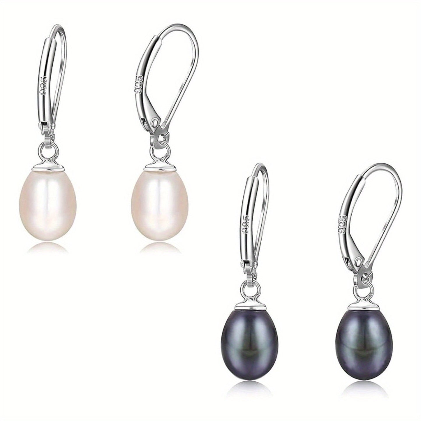 Valentine's Day Gift - Beautiful French-Inspired 925 Sterling Silver Leverback Dangle Pearl Earrings Set, 2 Pairs of AAA+ Freshwater Cultured Pearls, Platinum Plated for Summer Events and Formal Occasions, Lightweight at 5g/0.17oz.