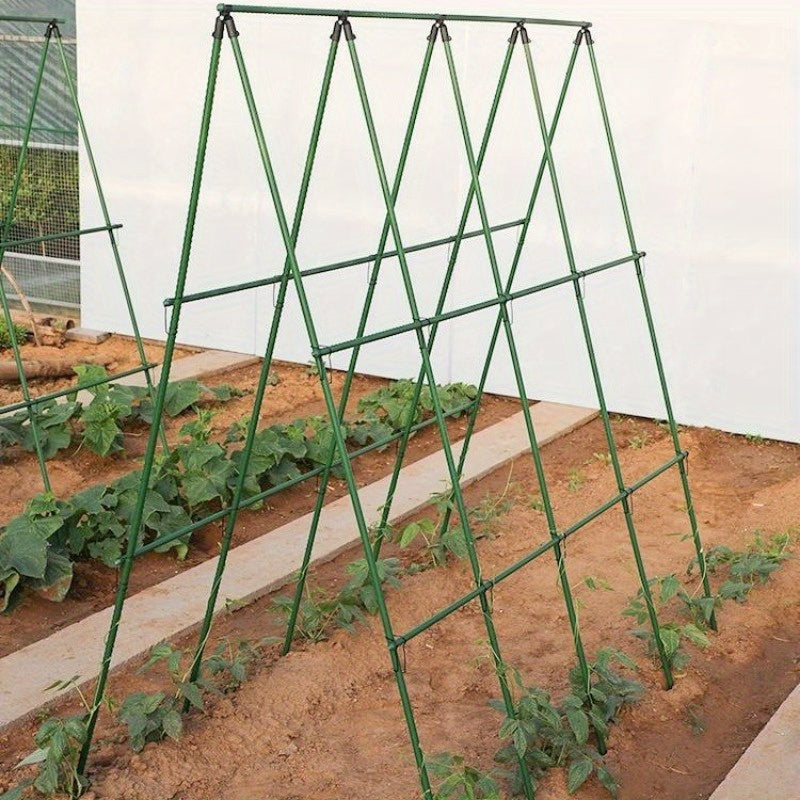 Heavy-duty metal garden trellis for climbing plants, cucumbers, beans, and tomatoes. Durable support frame.