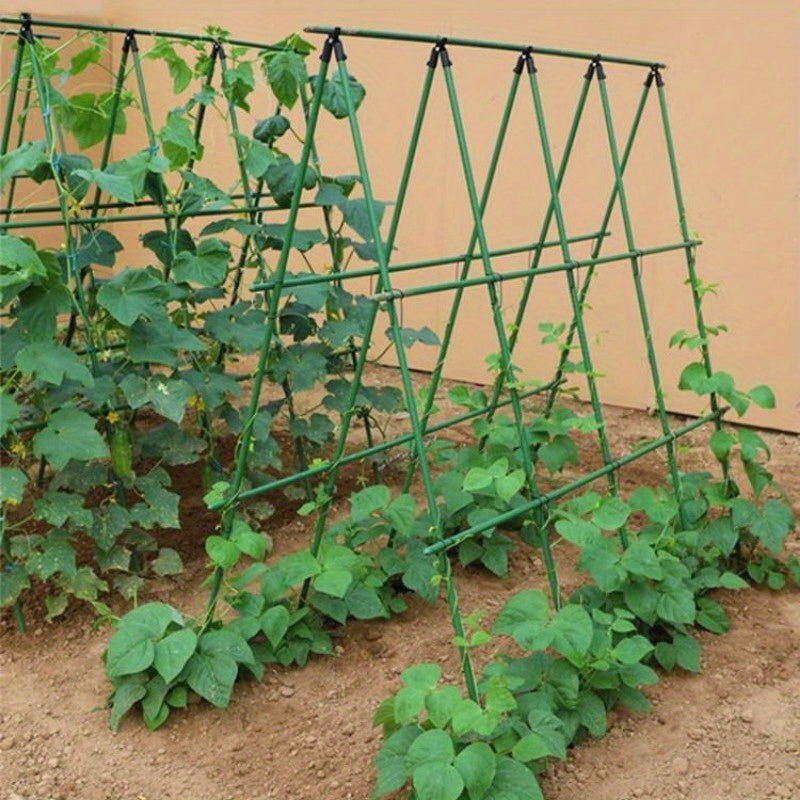 Heavy-duty metal garden trellis for climbing plants, cucumbers, beans, and tomatoes. Durable support frame.