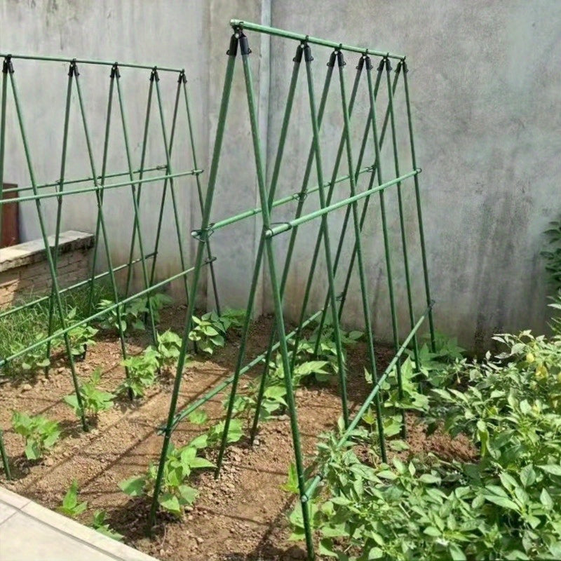 Heavy-duty metal garden trellis for climbing plants, cucumbers, beans, and tomatoes. Durable support frame.