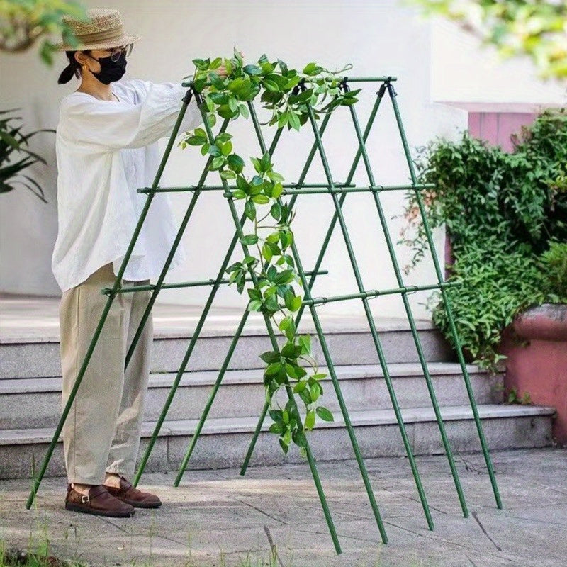 Heavy-duty metal garden trellis for climbing plants, cucumbers, beans, and tomatoes. Durable support frame.