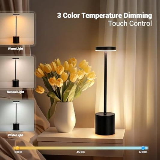 Modern black rechargeable LED table lamp with touch control, 3-color dimmable lighting, USB powered 800mAh battery for indoor/outdoor use.