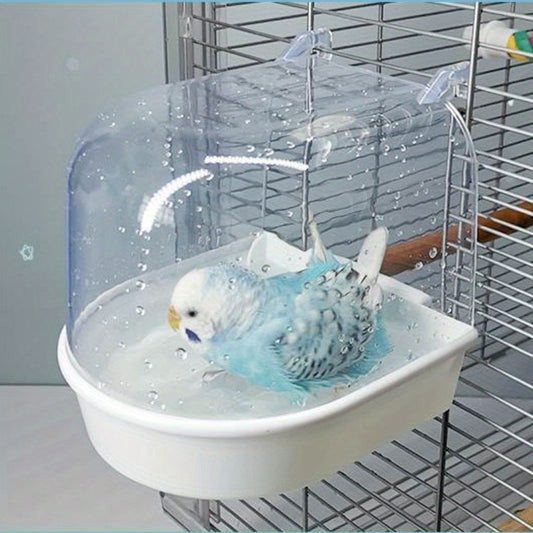 Clear bird bath for parakeets made from ABS resin, a bird cage accessory.