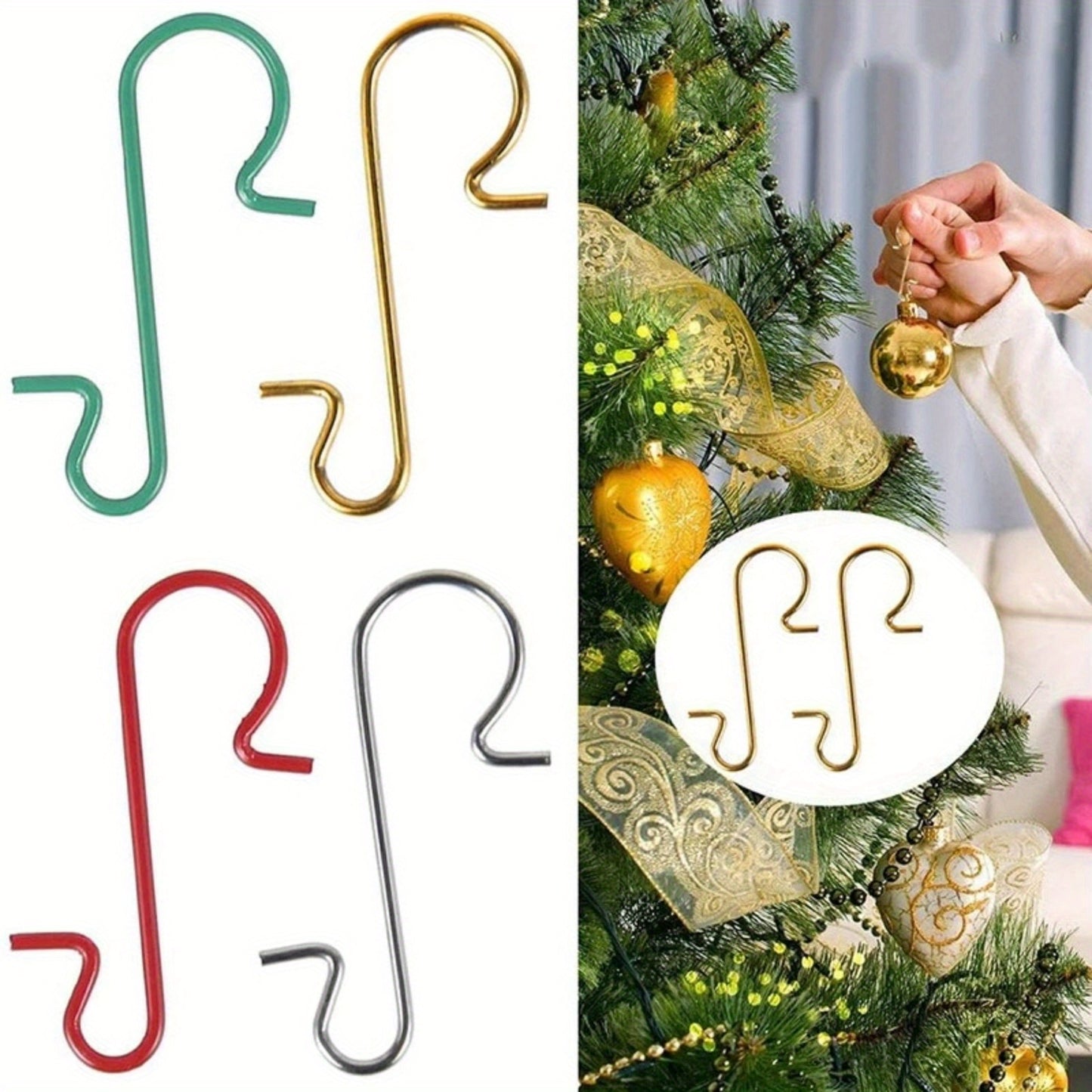 50 Classic Style Christmas Tree S-Hooks for Wreath and Tree Decorations, Festive Xmas Ornaments Hangers