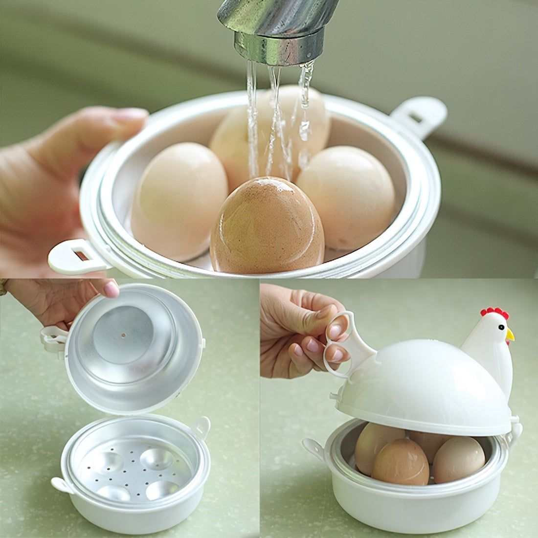 Microwave Egg Poacher in the Shape of a Chicken: 4-Egg Boiler Made of Stainless Steel