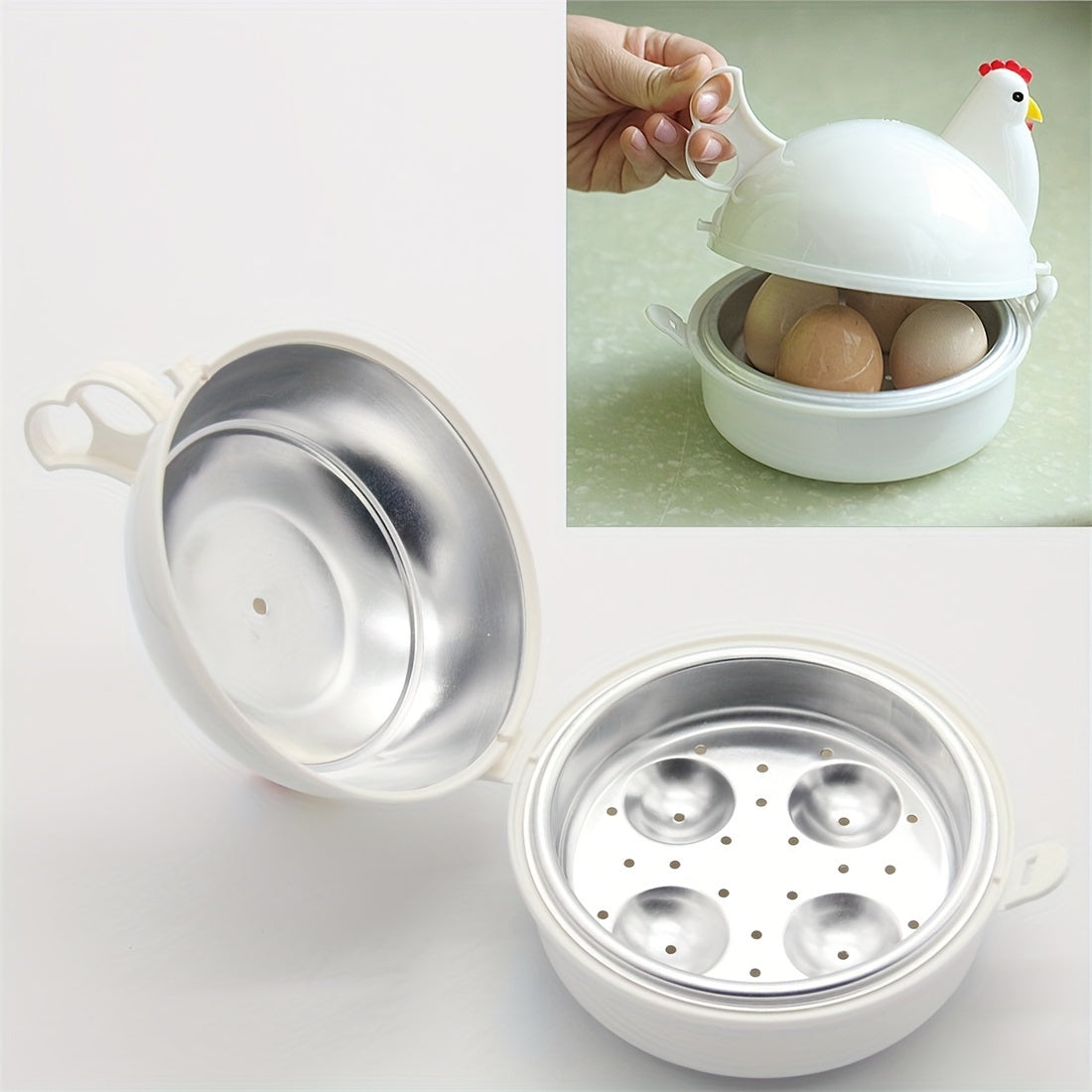 Microwave Egg Poacher in the Shape of a Chicken: 4-Egg Boiler Made of Stainless Steel