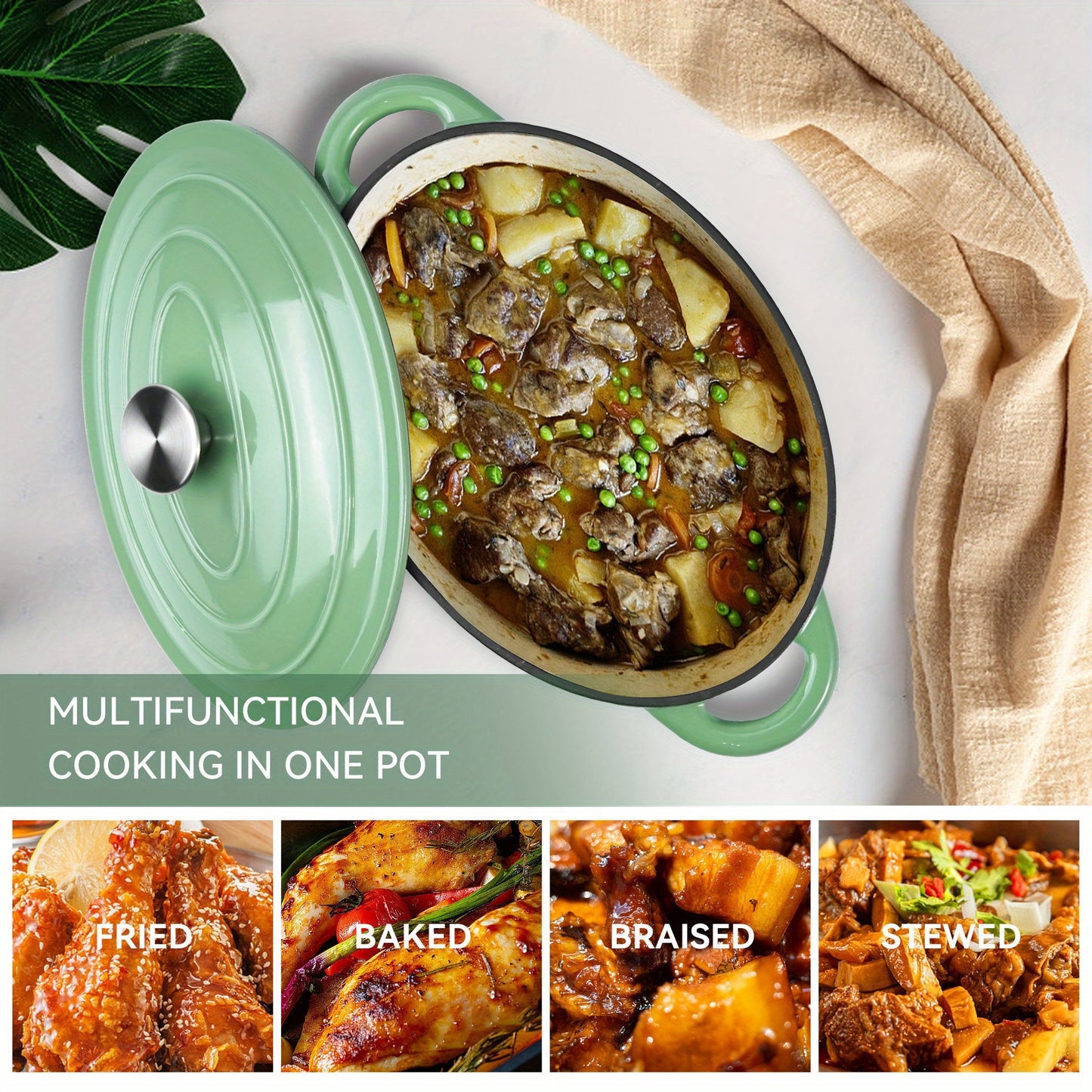 Experience the versatility of the [1pc Cast Iron Dutch Oven] with Enameled Coating. This food-safe and non-stick cookware features double handles for easy maneuvering. Perfect for baking and cooking, it boasts superior heat retention and is easy to