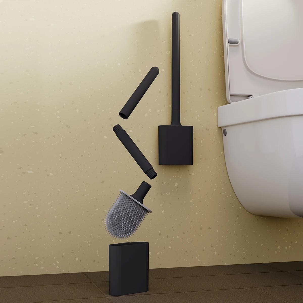 New Soft-Grip Toilet Brush for Home Bathroom - Detachable Rod, No Drilling Required, Wall-Mounted for Easy Storage and Cleaning.