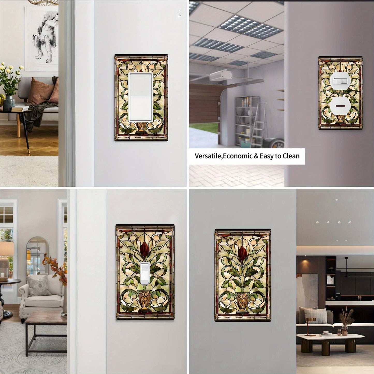 Art Nouveau stained glass light switch covers for indoor and outdoor walls in home, kitchen, bedroom, and bathroom.