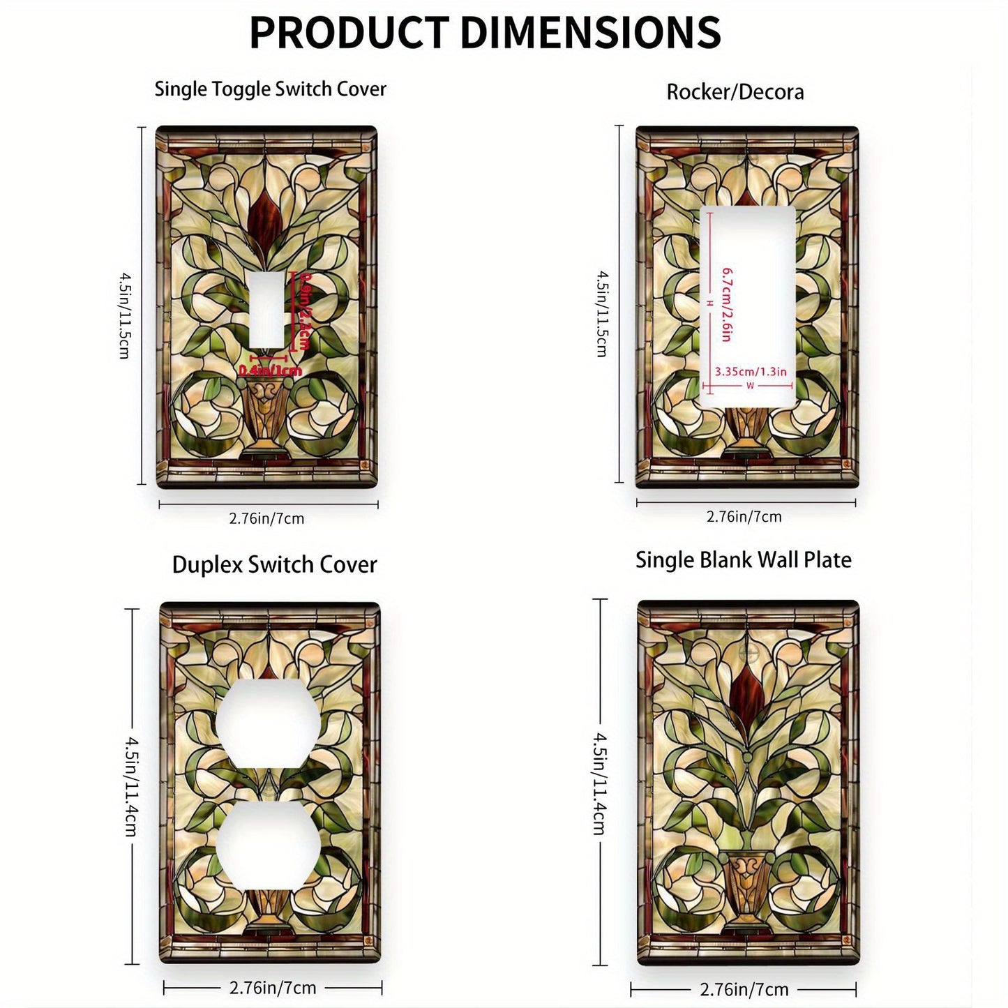 Art Nouveau stained glass light switch covers for indoor and outdoor walls in home, kitchen, bedroom, and bathroom.