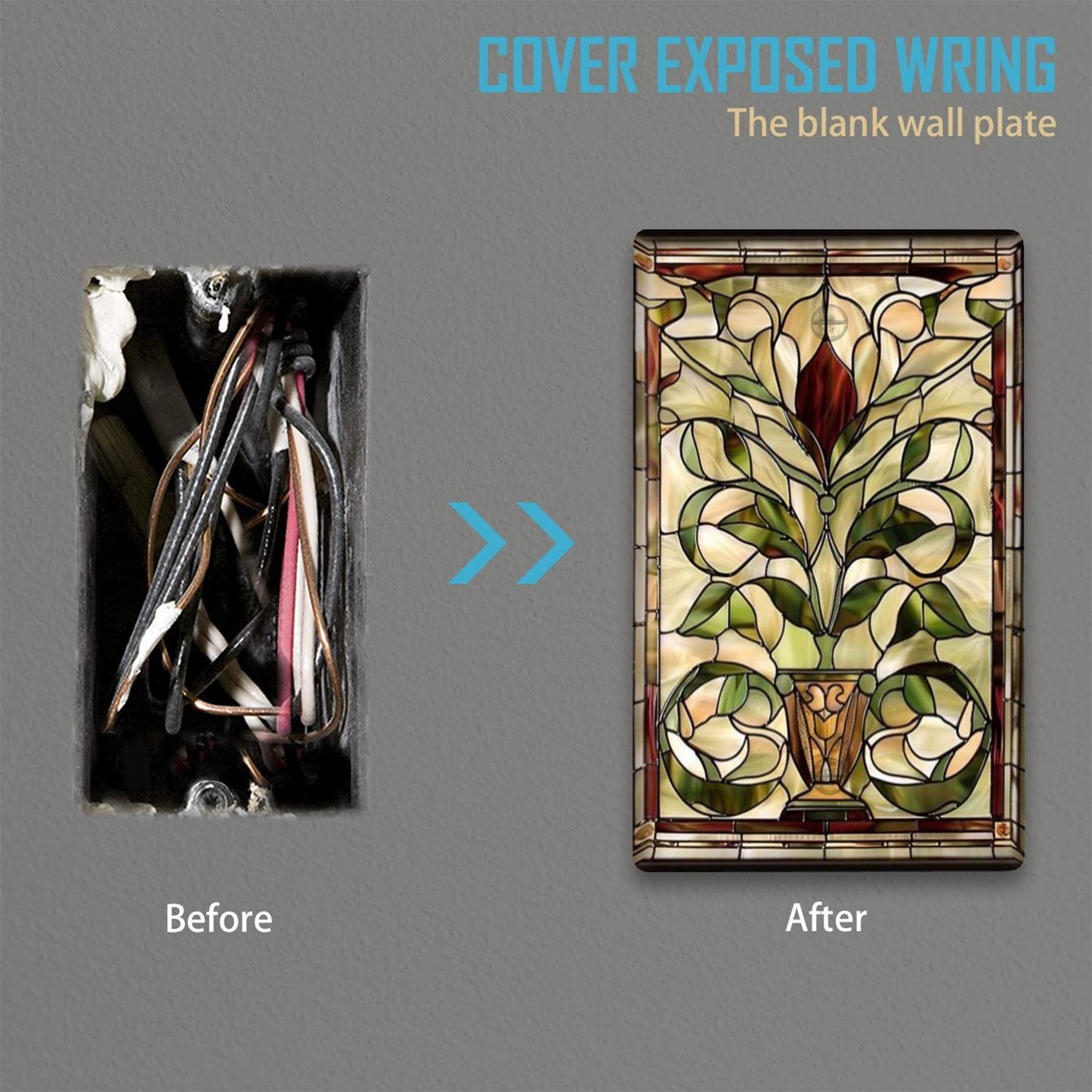 Art Nouveau stained glass light switch covers for indoor and outdoor walls in home, kitchen, bedroom, and bathroom.