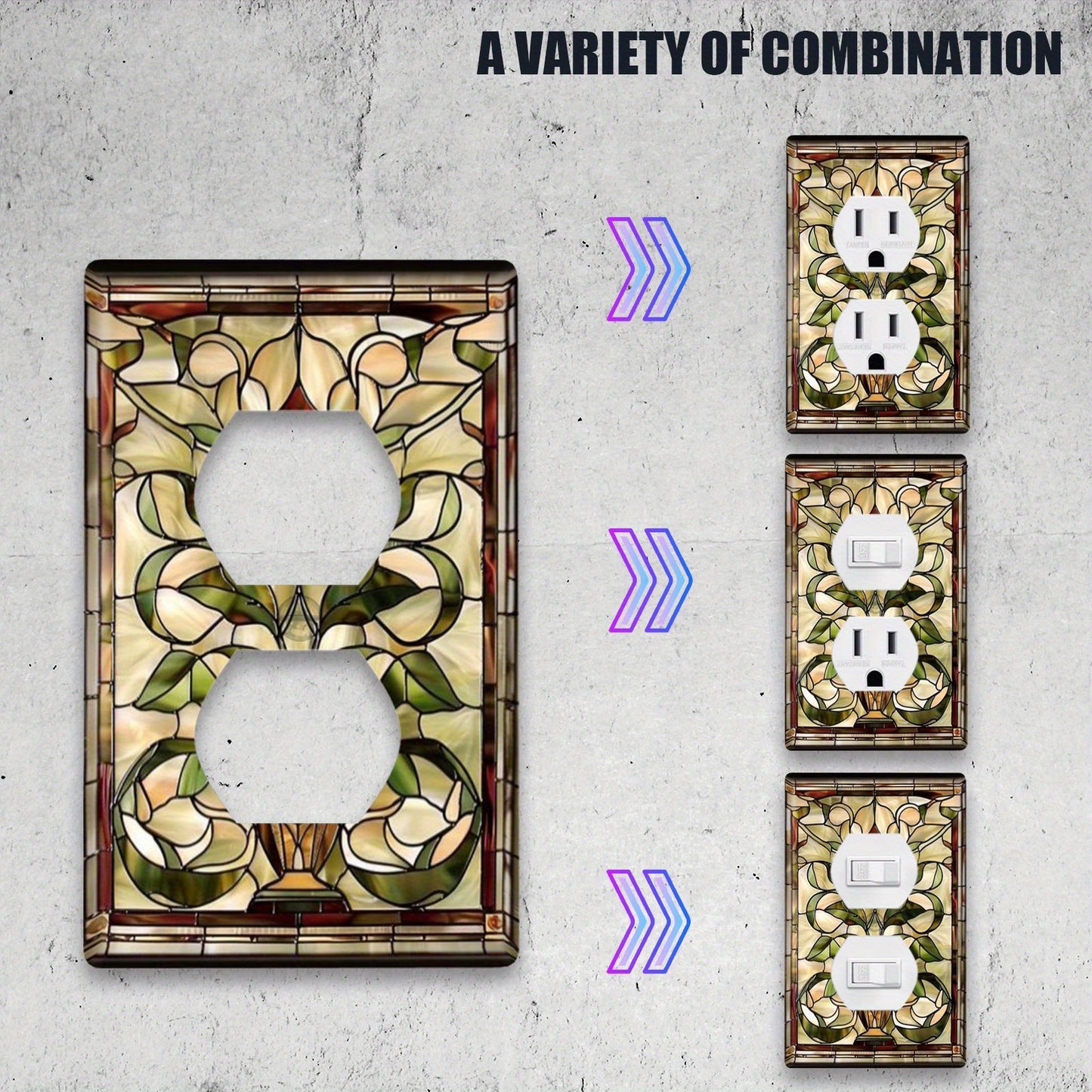 Art Nouveau stained glass light switch covers for indoor and outdoor walls in home, kitchen, bedroom, and bathroom.