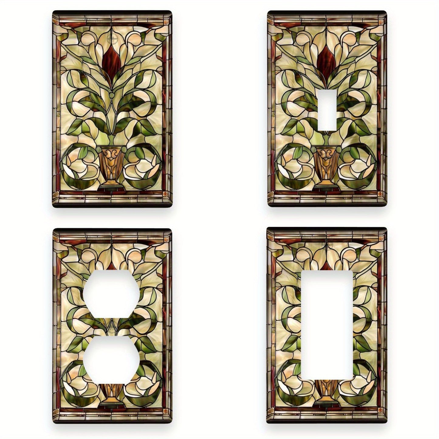 Art Nouveau stained glass light switch covers for indoor and outdoor walls in home, kitchen, bedroom, and bathroom.