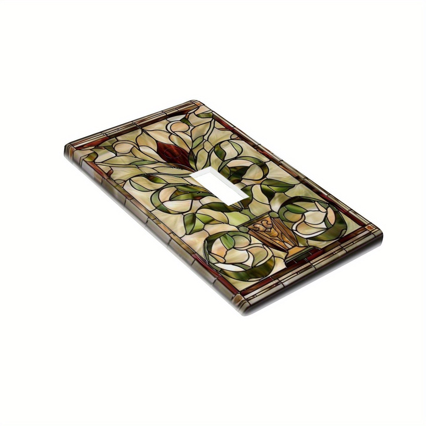 Art Nouveau stained glass light switch covers for indoor and outdoor walls in home, kitchen, bedroom, and bathroom.