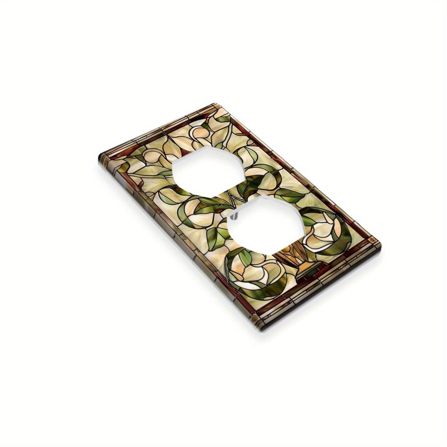 Art Nouveau stained glass light switch covers for indoor and outdoor walls in home, kitchen, bedroom, and bathroom.