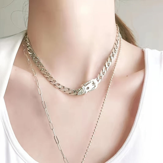 Vintage Style 925 Sterling Silver Belt Buckle Collarbone Chain Necklace - Elegant and Ideal for Casual Outfits