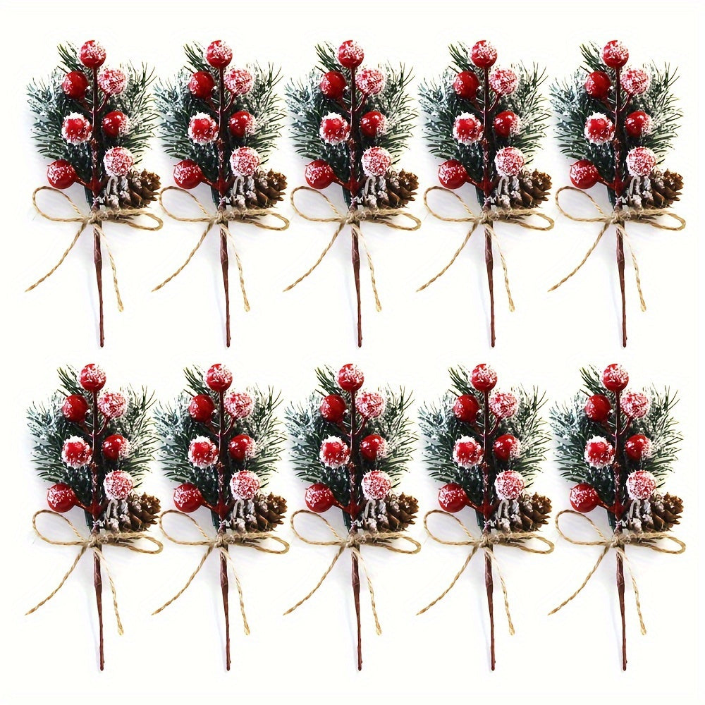 Set of 10 Christmas artificial pine bouquets featuring cones, red berries, snowflakes, and rustic hemp rope - perfect for holiday parties and winter tabletop decor.