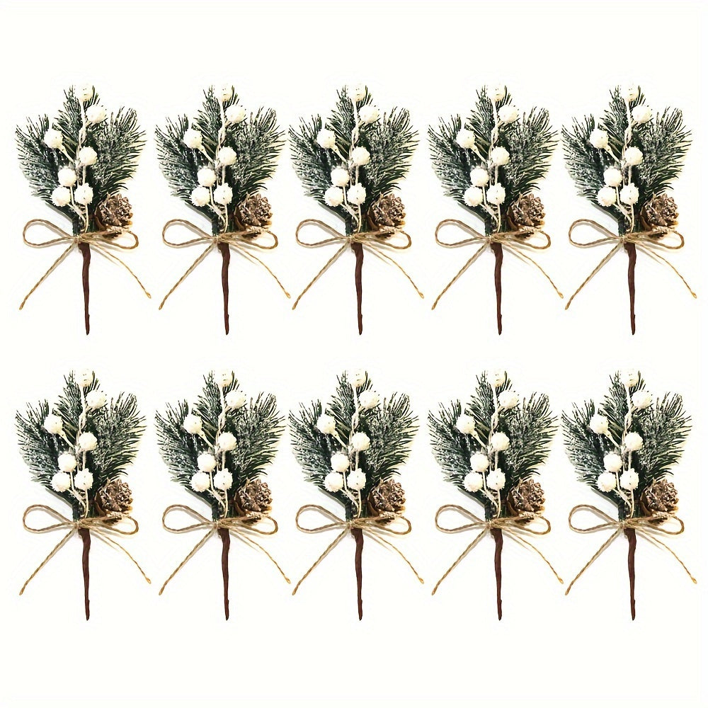 Set of 10 Christmas artificial pine bouquets featuring cones, red berries, snowflakes, and rustic hemp rope - perfect for holiday parties and winter tabletop decor.