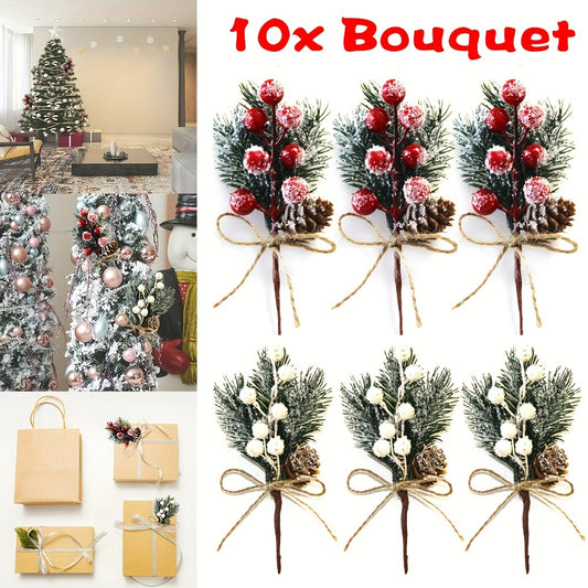 Set of 10 Christmas artificial pine bouquets featuring cones, red berries, snowflakes, and rustic hemp rope - perfect for holiday parties and winter tabletop decor.