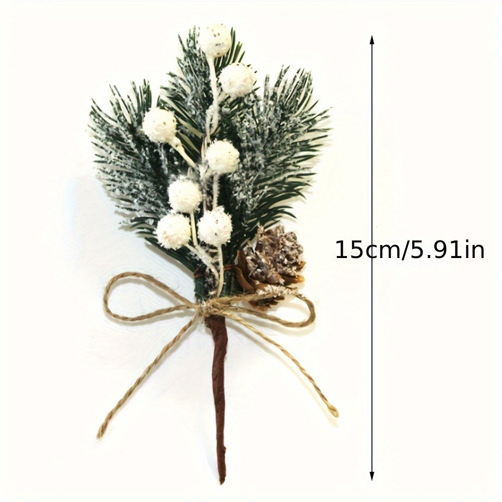 Set of 10 Christmas artificial pine bouquets featuring cones, red berries, snowflakes, and rustic hemp rope - perfect for holiday parties and winter tabletop decor.