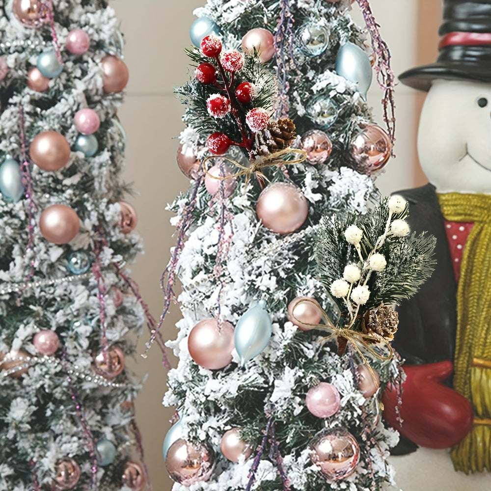 Set of 10 Christmas artificial pine bouquets featuring cones, red berries, snowflakes, and rustic hemp rope - perfect for holiday parties and winter tabletop decor.