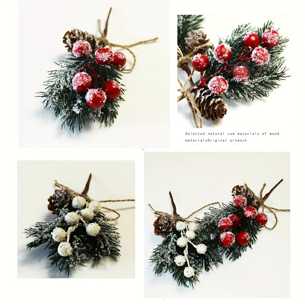 Set of 10 Christmas artificial pine bouquets featuring cones, red berries, snowflakes, and rustic hemp rope - perfect for holiday parties and winter tabletop decor.